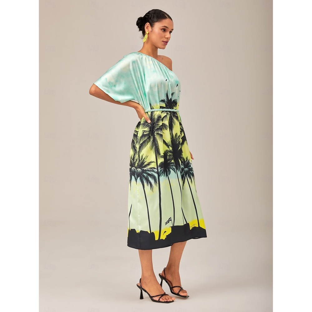 Ador Beach‎ Vibes Asymmetrical Maxi Dress Coconut Palm Print NWT Large